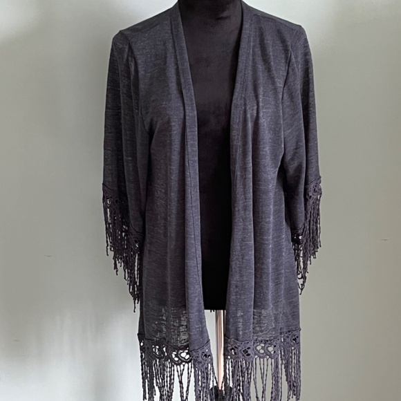 Eyeshadow Charcoal Gray Open Front Fringe Kimono L - Picture 2 of 10